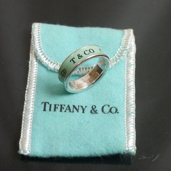 Sz 9 Tiffany & Co. 1837 Concave Blue Enamel Band Ring Silver Gift RARE - Picture 6 of 7